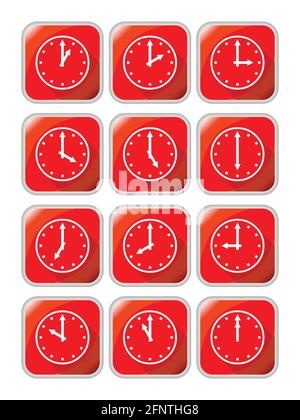 Uhrensymbole mit unterschiedlicher Zeit auf rotem Hintergrund mit Metallic-Rahmen, EPS10-Vektor Stock Vektor