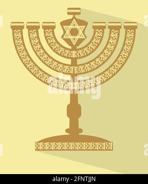 Jüdischer siebenarmiger Leuchter-Menorah mit dem Davidstern, flache Design-Vektor-Illustration mit langem Schatten, EPS 10 Stock Vektor