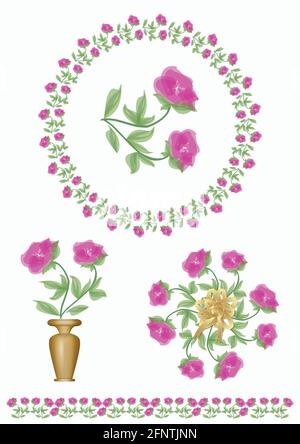 Set aus floralen Motiven mit zarten, hellvioletten Rosen blühen. Rose in einem Kranz, Rose in einer Vase, Rosenstrauß, Rahmenrand mit Rosenmotiv. Design Stock Vektor