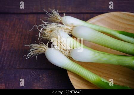 Nahaufnahme von grünen Frühlingszwiebeln mit weißen Wurzeln auf einer Bambusplatte. Stockfoto