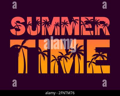 Sommerzeit. Text mit Palmen bei Sonnenuntergang. 80er Jahre Retro-Design für Banner, Poster und Party-Einladungen. Vektorgrafik Stock Vektor