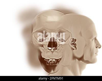 Eine menschliche Nebenfigur umgab ihre negativen Gedanken des Todes und Sterbens. Dieses Gespenst wird durch den überlappenden großen menschlichen Schädel dargestellt. Stockfoto