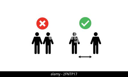 Symbol oder Zeichen für soziale Distanzierung. Vektor isolierte Illustration von zwei Personen und einem Pfeil, halten soziale Distanz, und zwei Menschen nicht halten Stock Vektor