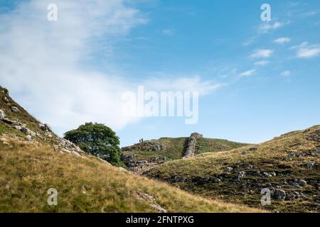 Northumberland UK: Hadriansmauer an einem sonnigen Sommertag in englischer Landschaft auf hohen Klippen (Römische Mauer) errichtet Stockfoto