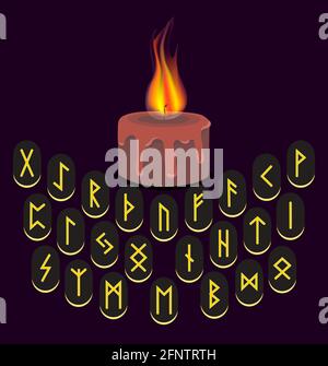 Set aus altnordischen Runen, Runenalphabet, Futhark. Uralte okkulte Symbole. Eine brennende Kerze. Dunkler Hintergrund. Abbildung Stockfoto