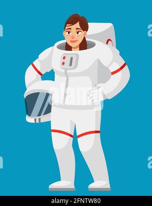 Weibliche Astronautin mit Raumpflegehelm. Frau im Cartoon-Stil. Stock Vektor