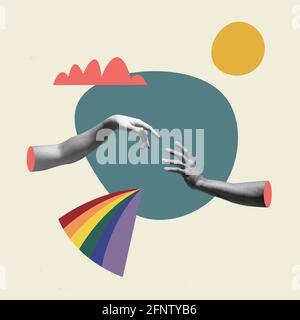 Collage zeitgenössischer Kunst. Weibliche und männliche Hände isoliert über hellem Hintergrund. Stockfoto