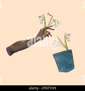 Zeitgenössische Kunstcollage, modernes Design. Ästhetik der Hand. Trendige Pastellfarben. Stockfoto