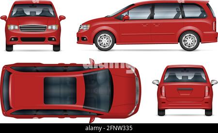 Roter Minivan-Vektor-Mockup auf weißem Hintergrund für Fahrzeug-Branding, Corporate Identity. Alle Elemente in den Gruppen auf separaten Ebenen zur einfachen Bearbeitung Stock Vektor