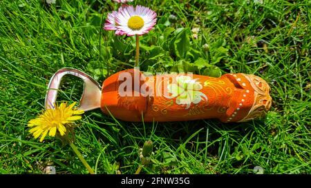Flaschenöffner aus Holz in einer grünen Halle mit einem rot blühenden Kleeblatt. Sommerlandschaft Stockfoto