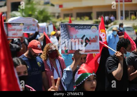 Tunesien. Mai 2021. Die Tunesische Arbeiterunion (UGTT) ruft am 19. Mai 2021 in Bardo, Tunis, Tunesien, zu einer nationalen Demonstration zur Unterstützung der Palästinenser auf. (Foto von Mohamed Krit/ Quelle: SIPA USA/Alamy Live News Stockfoto