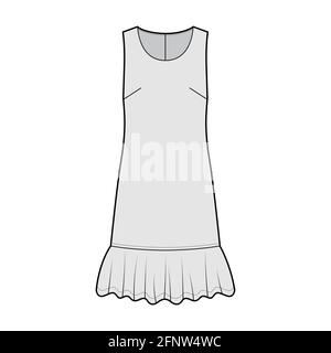 Kleid mit übergroßer Taille technische Mode Illustration mit ärmellosen, übergroßen Körper, knielangen Rock, Rundhalsausschnitt. Flatwear Front, grau gehalten. Frauen, Männer Unisex-CAD-Modell Stock Vektor