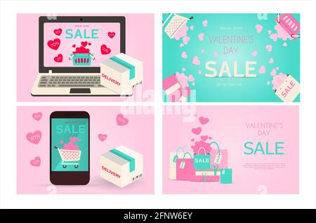 Flache Vektor-Illustration zum Verkauf, Online-Shop, Lieferung von Waren für den Urlaub. Einladungsflyer in Pink, Rot und Blau. Bilder mit einem Satz von Stock Vektor