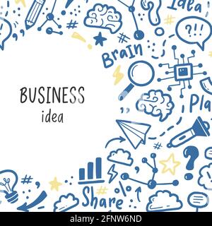 Handgezeichnete Banner-Vorlage mit Brainstorming, Idee, Gehirn-Elementen. Doodle-Skizzenstil. Vektordarstellung für Brainstorming, Business-Banner, Rahmen, Broschürenhintergrund. Stock Vektor