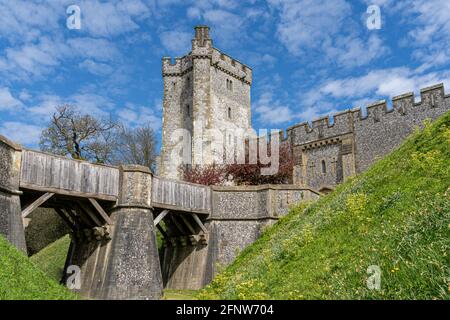 Arundel Castle in der historischen Stadt Arundel, West Sussex, in schöner Frühlingssonne. Stockfoto