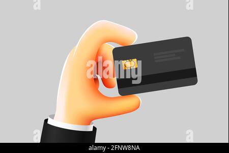 3d Cartoon Hand hält Bankkarte. Werbemockup. Vektorgrafik Stock Vektor