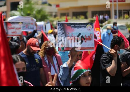 Tunesien. Mai 2021. Die Tunesische Arbeiterunion (UGTT) ruft am 19. Mai 2021 in Bardo, Tunis, Tunesien, zu einer nationalen Demonstration zur Unterstützung der Palästinenser auf. (Foto von Mohamed Krit/Sipa USA) Quelle: SIPA USA/Alamy Live News Stockfoto