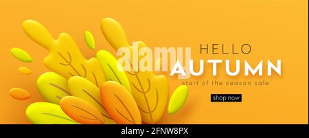 Hello Autumn 3d minimaler Hintergrund mit herbstgelben, orangen Blättern. der 3d-Herbst hinterlässt den Hintergrund für die Gestaltung von Herbstbannern und Plakaten Stock Vektor