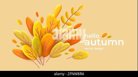 Hello Autumn 3d minimaler Hintergrund mit herbstgelben, orangen Blättern. der 3d-Herbst hinterlässt den Hintergrund für die Gestaltung von Herbstbannern und Plakaten Stock Vektor