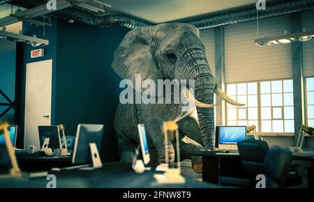 Elefant sitzt in einem Büro. Konzept der ungelösten Probleme. 3d-Rendering. Stockfoto