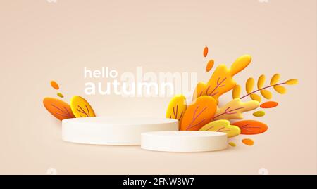 Hello Autumn 3d minimaler Hintergrund mit Herbstgelb, orangefarbenen Blättern und Produktpodium. der 3d-Herbst hinterlässt den Hintergrund für die Gestaltung von Herbstbannern Stock Vektor