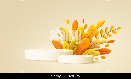 Hello Autumn 3d minimaler Hintergrund mit Herbstgelb, orangefarbenen Blättern und Produktpodium. der 3d-Herbst hinterlässt den Hintergrund für die Gestaltung von Herbstbannern Stock Vektor