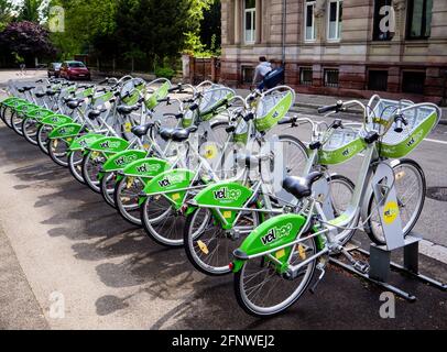 Mehrere Fahrräder können über den automatischen Velhop-Service ausgeliehen werden Stockfoto