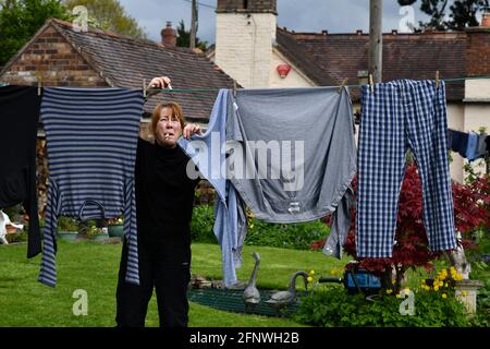 Frau hängend Waschen an Wäscheleine mit Haken im Garten Großbritannien, Großbritannien. Trocknen außerhalb des Außenhaushalts Hausarbeiten Arbeitsplätze Frauen Frauen Mutter Frau Stockfoto