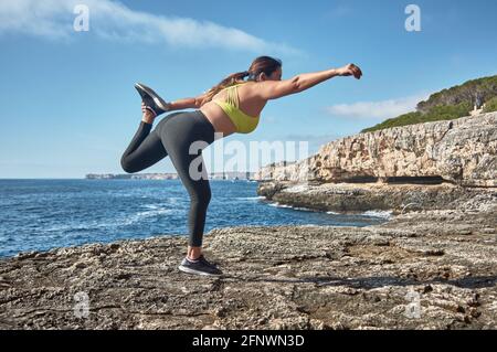 Latinerin, mittleren Alters, trägt Sportkleidung, Training, macht körperliche Übungen, Plank, Sit-Ups, Kletterschritt, Kalorien verbrennen, fit bleiben, Übertrumpfer Stockfoto