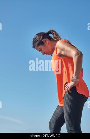 Latinerin, mittleren Alters, trägt Sportkleidung, Training, macht körperliche Übungen, Plank, Sit-Ups, Kletterschritt, Kalorien verbrennen, fit bleiben, Übertrumpfer Stockfoto