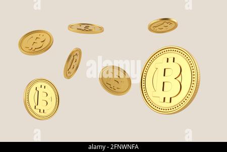 Bitcoin-Münze fliegt auf klarem Hintergrund. Bitcoins Kryptowährung. Blockchain, digitaler Geldwechsel. Unterschiedliche Positionen und Drehungen. 3d-Rendering. Stockfoto