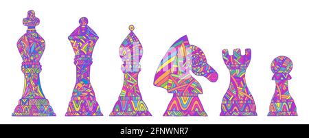 Set mit bunten König, Königin, Bischof, Ritter, Rook und Pawn Schachfiguren, jede Figur mit ihrem eigenen einzigartigen Muster, isoliert auf weiß. Dekorative Koll Stock Vektor