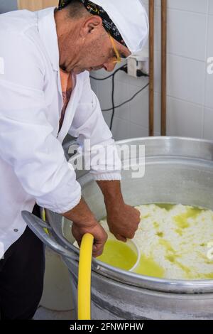 Der Mann entfernt die Molke mit einem Kunststoffschlauch in einem großen Zinkkkkessel, um Ricotta-Käse in einer kleinen Käsefabrik in Vieste, Italien, zu machen Stockfoto