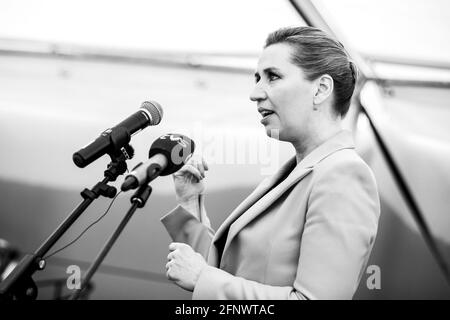 Fredericia, Dänemark. Mai 2021. Mette Frederiksen, Premierministerin von Dänemark, bei einer Veranstaltung in der Carlsberg-Brauerei in Fredericia zu sehen. (Bildnachweis: Gonzales Photo - Lasse Lagoni). Stockfoto