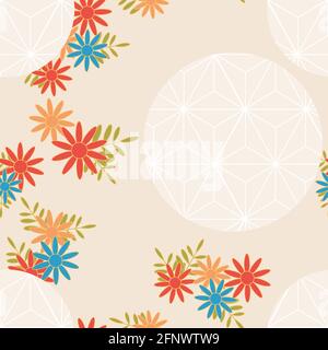 Japanisches Muster. Traditionelles Blumenmotiv, Abstraktion von Kugeln. Flache Design temari Kugeln und Blumen. Design für Drucke, Stoff, Poster und Wandbehang Stock Vektor