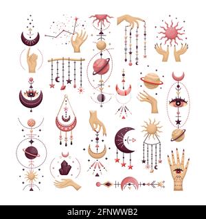 Der Satz mystischer astrologischer Vektor-Illustrationen. Magische Symbole. Tierkreis. Astronomie. Stock Vektor