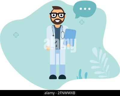Arztbefragung. Besuchen Sie. Moderne Klinik. Diagnose. Vektor flache Cartoon-Illustration. Arzttermin EPS 10 Stock Vektor