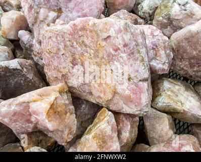 Der wunderschöne Rosenquarz ist eine reizvolle Sammlung oder ein Exemplar für den Mineralogen, um den leichten Bokeh-Effekt zu studieren. Stockfoto