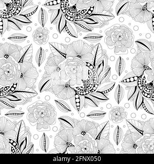 Abstrakte monochrome Doodle Bohemian Blume nahtlose Muster für Erwachsene Malbuch. Schwarz-weiße Blumenumrandung. Vektorgrafik handgezeichnete Illustration. Stock Vektor