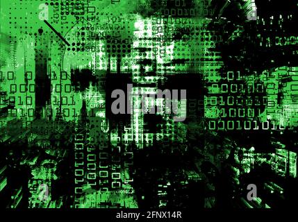Binärcode, abstrakter expressiver Technologiehintergrund. Grunge grüne Kulisse für Informatik und digitale Technologien, Hacking. Stockfoto