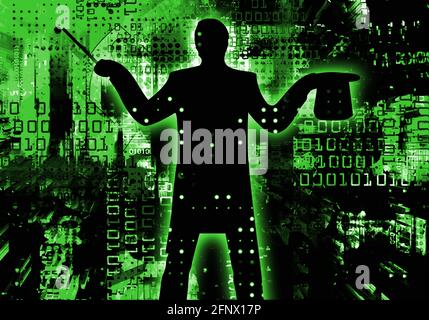 Computerspezialist, Programmierer, Magier. Stilisierte Silhouette eines Zauberers mit Hut vor einem dynamischen grünen abstrakten Hintergrund mit Binärcodes. Stockfoto