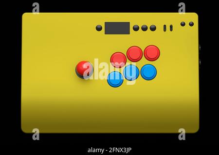 Vintage-Arcade-Stick mit Joystick und Knöpfen in Turnierqualität auf Schwarz Stockfoto