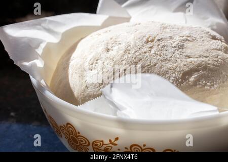Sauerteig, der in einer Schüssel zu einem Laib gärt Brot Stockfoto