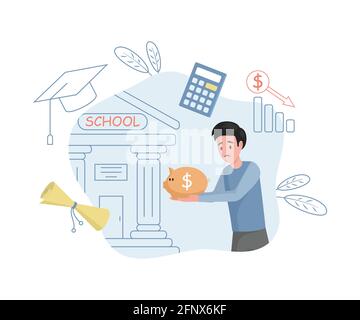 Junge verärgerte Mann trägt Ersparnisse zur Schule Vektor flache Illustration. Männlicher Charakter, der für Bildung bezahlt. Investitionen in Bildung, Studiengebühren, Studentenförderung Konzept. Geld für das College. Stock Vektor