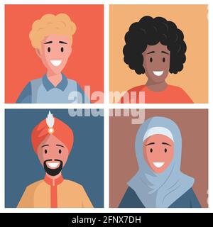 Satz von multiethnischen Menschen Avatare Vektor flache Illustration. Glückliche arabische, europäische und afrikanische Charaktere. Verschiedene Menschen, Internationale Freundschaft, multirassisches und multikulturelles Einheitskonzept. Stock Vektor