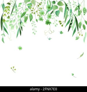 Handgezeichneter Rahmen mit grünem Blumenmuster und Aquarell in Vektorgrafik. Stock Vektor