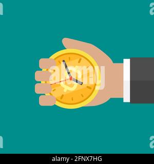 Hand mit goldener Uhr und isoliertem Dollarzeichen auf türkisfarbenem Hintergrund. Schnelle Stoppuhr, begrenztes Angebot, Deadline-Symbol. Vektorgrafiken Stock Vektor