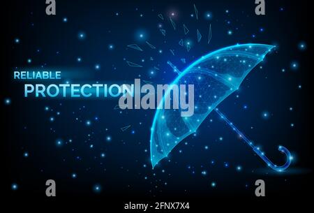 Regenschirm im Drahtmodell mit geringem Poly-Design. Konzept des Schutzes und der Isolation von externen Risikofaktoren. Polygonaler abstrakter Regenschirm isoliert auf blau Stock Vektor