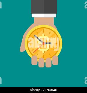Hand mit goldener Uhr und isoliertem Dollarzeichen auf türkisfarbenem Hintergrund. Schnelle Stoppuhr, begrenztes Angebot, Deadline-Symbol. Vektorgrafiken Stock Vektor