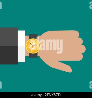 Hand mit goldener Hand Uhr am Handgelenk mit Dollarzeichen isoliert auf türkisfarbenem Hintergrund. Schnelle Stoppuhr, begrenztes Angebot, Deadline-Symbol. Vektor i Stock Vektor